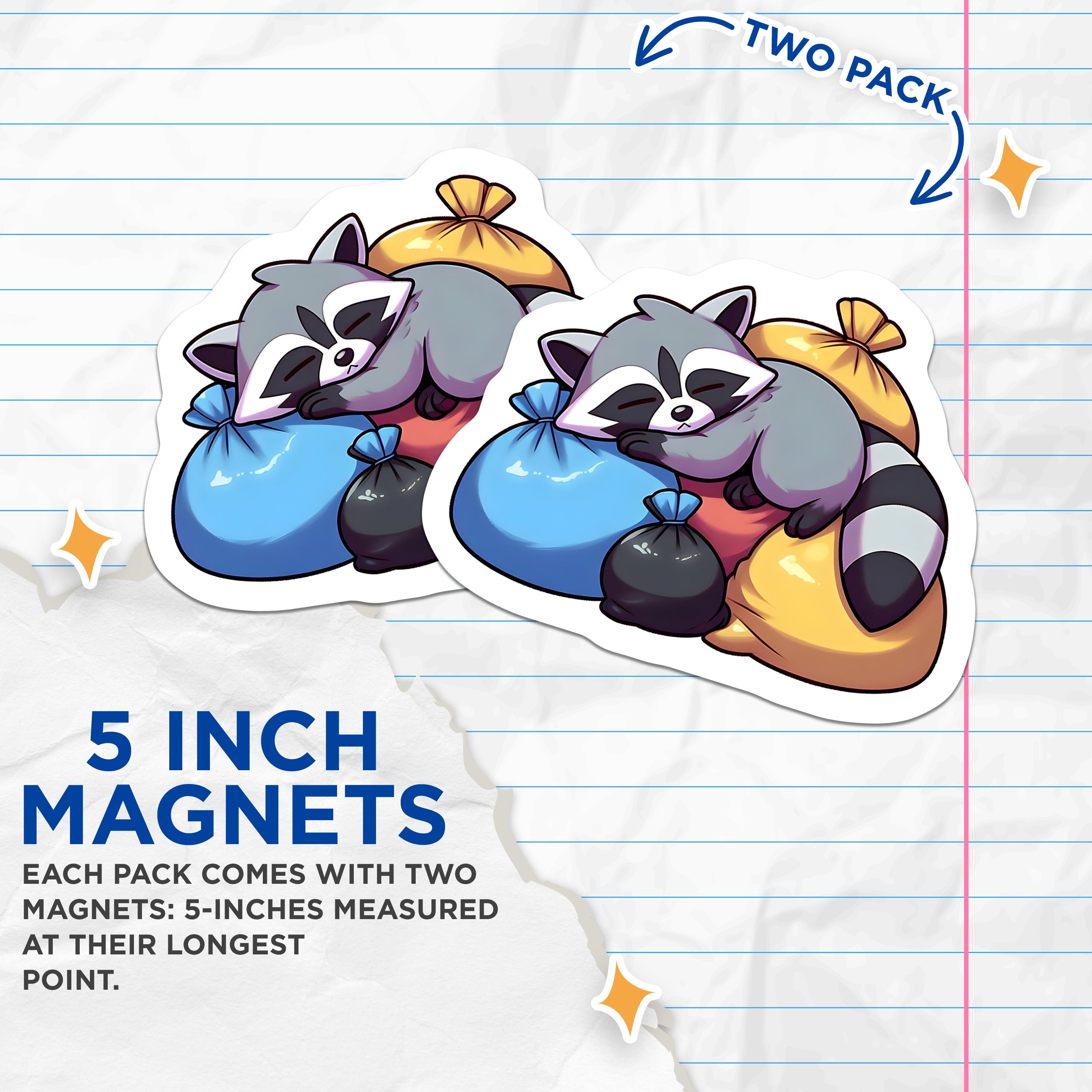 (2 Pack) Sleeping Raccoon Magnets - Trash Panda Refrigerator Decor - Kawaii Animal Locker Accessory - 5 Inches On Longest Side - Thick Durable Magnet - Made in USA - MAG36650