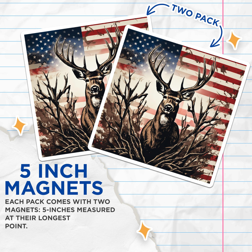 (2 Pack) Majestic Patriotic Deer Magnets - American Flag Background Wildlife Art - Rustic Hunter Lodge Cabin Decor - 5 Inches On Longest Side - Thick Durable Magnet - Made in USA - MAG19616