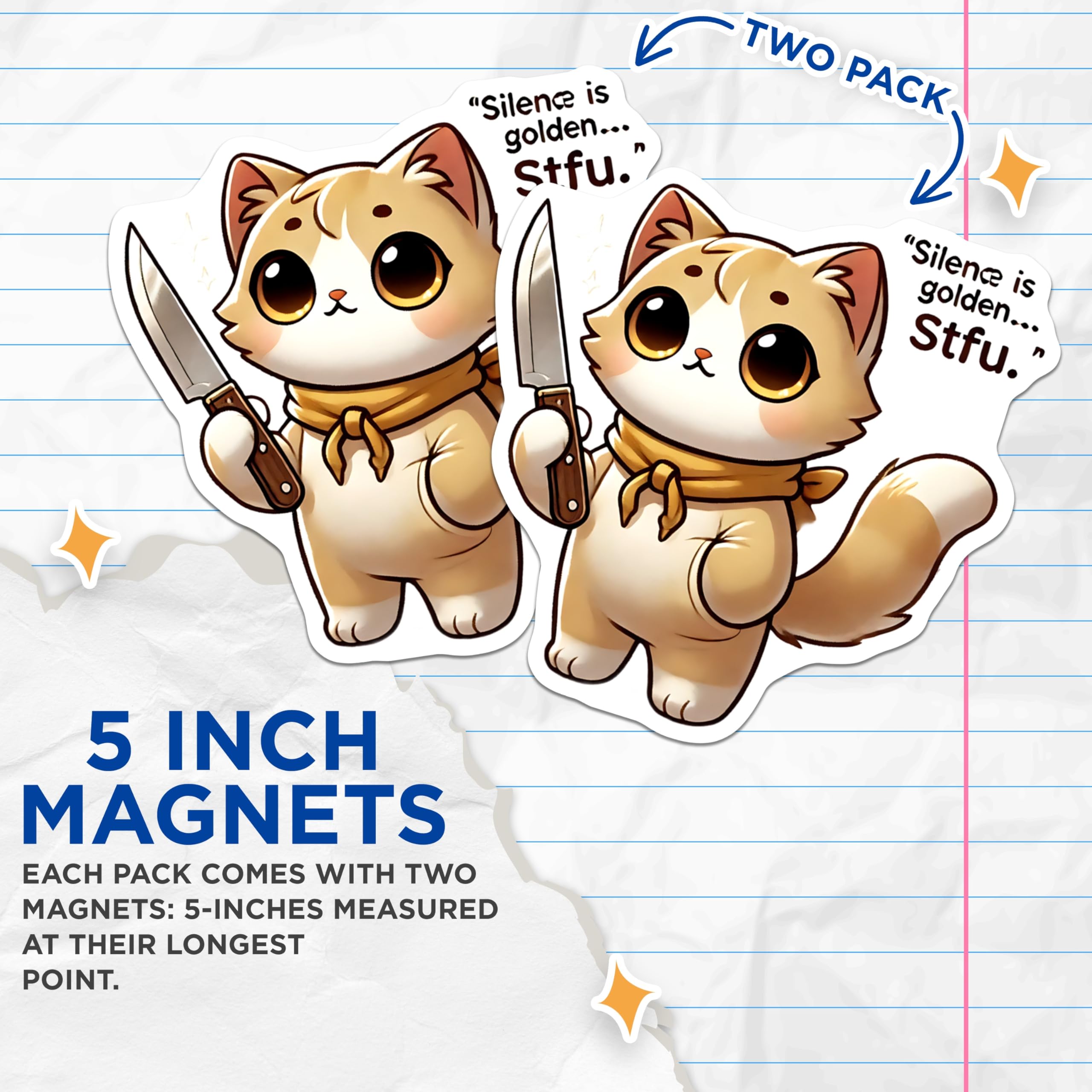 (2 Pack) Funny Cat Magnets - Sarcastic Kitty - Silence is Golden Refrigerator Magnets - 5" On Longest Side - Premium Magnet - for Cars, Refrigerators, Toolboxes, Lockers - Made in USA - MAG14076
