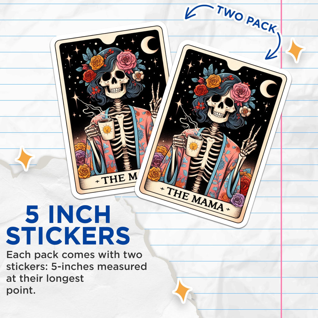 (2 Pack) Skull Mama Stickers - Skeleton Stickers for Moms - Floral Skeleton Decal - Unique Gothic Stickers - 5" On Longest Side - Sticks to Smooth Flat Surfaces - Made in USA - BMCS5451