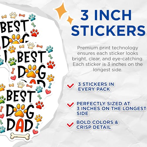 (3 Pack) Best Dog Dad Decals - Paw Print Stickers - Canine Lover Presents - 3 Inches On Longest Side - Easy Peel & Apply - Made in USA - 3MCS6249