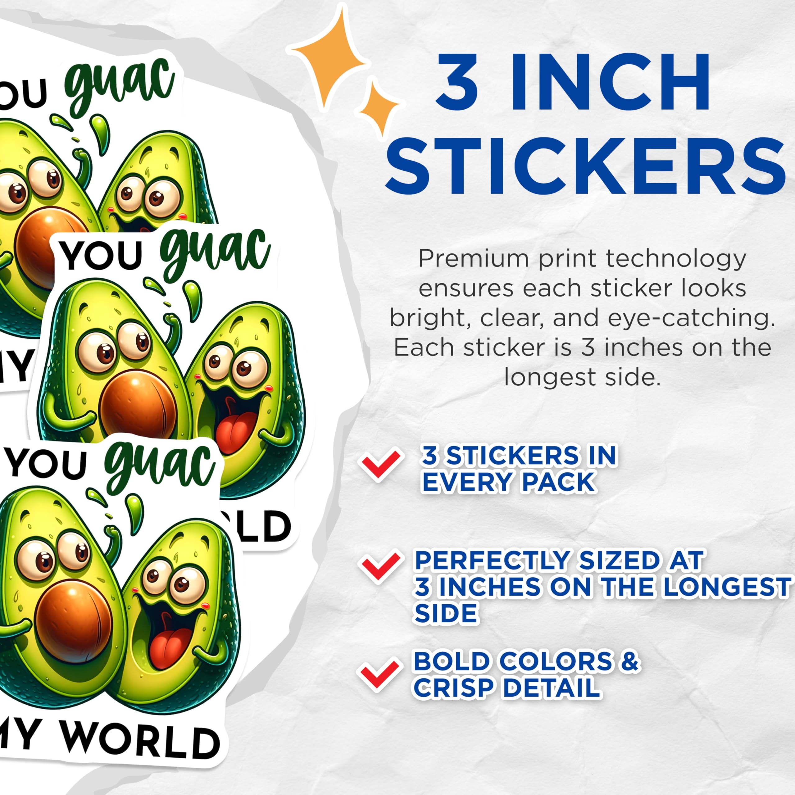 (3 Pack) Avocado Pun Decals - You Guac My World - Funny Foodie Decals - 3 Inches On Longest Side - Easy Peel & Apply - Made in USA - 3MCS7542