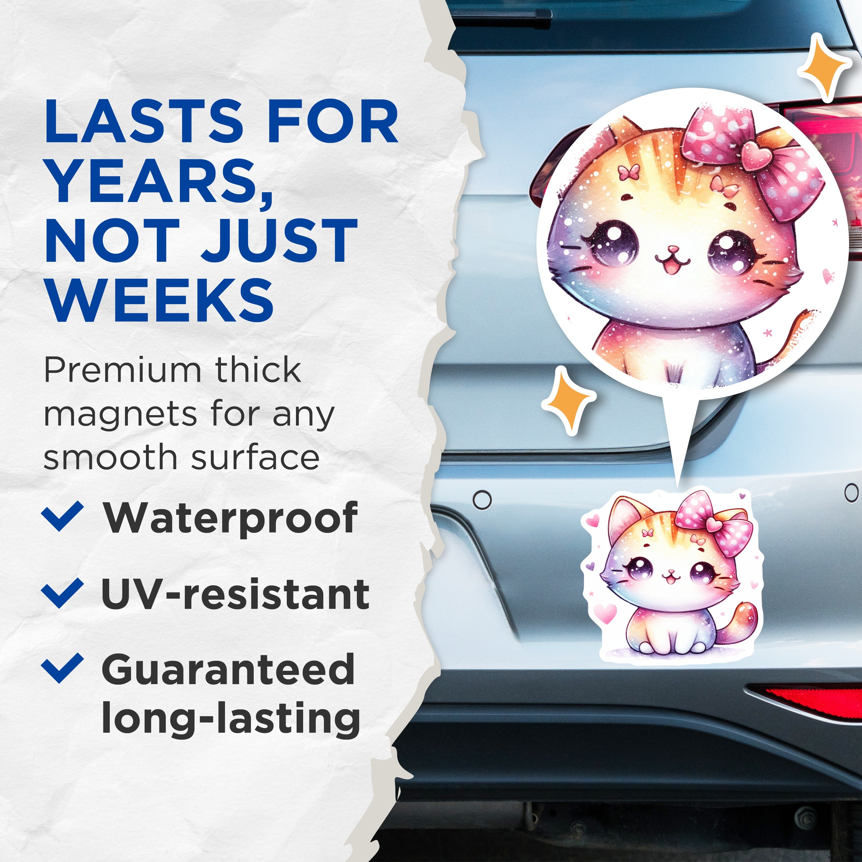 (2 Pack) Cute Kawaii Kitten Magnets - Pastel Cat Aesthetic - Chibi Animal Lover Fridge Locker Decor - 5 Inches On Longest Side - Thick Durable Magnet - Made in USA - MAG37366