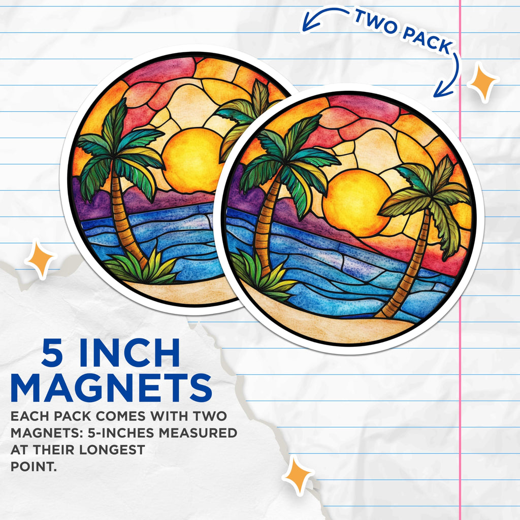 (2 Pack) Stained Glass Sunset Magnets - Tropical Beach Scene - Vacation Vibe Decor - 5 Inches On Longest Side - Thick Durable Magnet - Made in USA - MAG28803