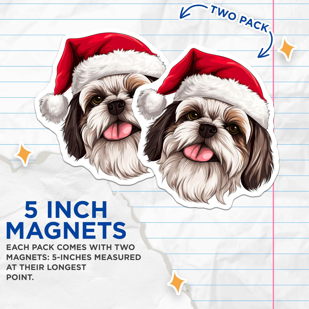 (2 Pack) Shih Tzu Santa Hat Dog Magnets - Merry Christmas Pet Refrigerator Decoration - Holiday Canine Enthusiast Accent - 5 Inches On Longest Side - Thick Durable Magnet - Made in USA - MAG24329