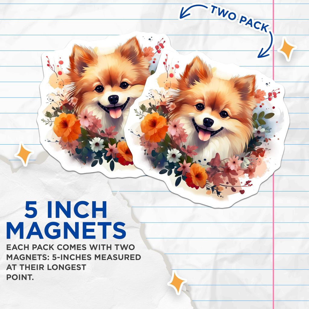 (2 Pack) Pomeranian Magnets - Floral Dog Refrigerator Magnets - Cute Pet Art Decor - 5 Inches On Longest Side - Thick Durable Magnet - Made in USA - MAG26130