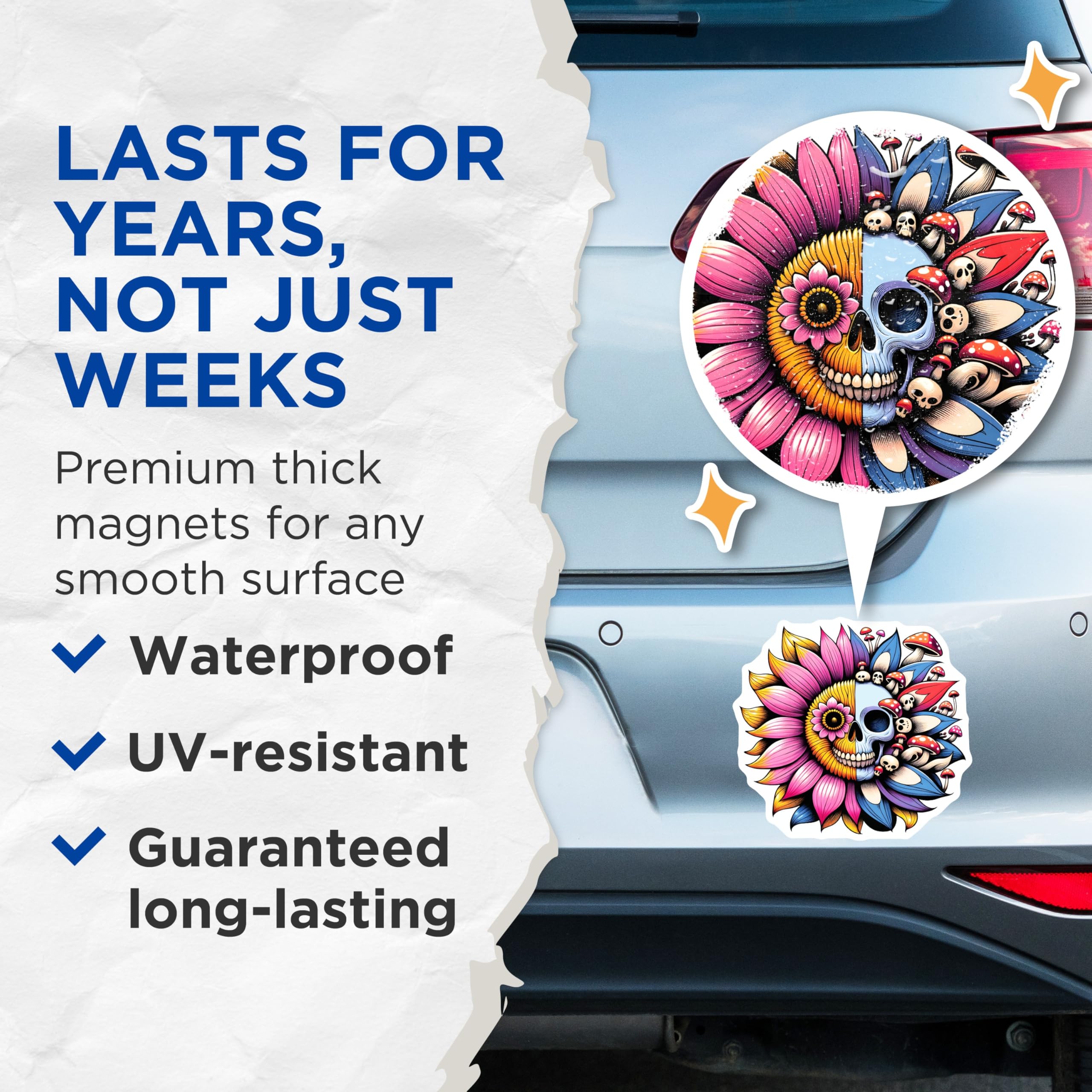 (2 Pack) Skull Flower Magnets - Mushroom Decor - Unique Refrigerator Magnets - 5" On Longest Side - Premium Magnet - for Cars, Refrigerators, Toolboxes, Lockers - Made in USA - MAG14276