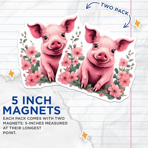 (2 Pack) Cute Pig Magnets - Adorable Animal Magnets - Farmhouse Kitchen Decor Magnets - 5" On Longest Side - for Cars, Refrigerators, Toolboxes, Lockers - Made in USA BMCS3411