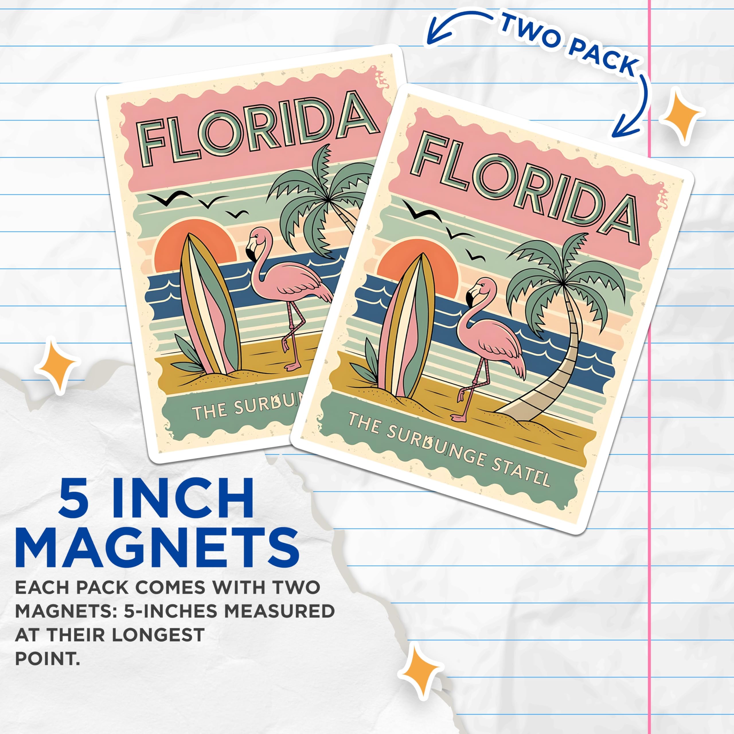 (2 Pack) Florida Art Magnets - Flamingo Magnet Set - Surfboard Fridge Magnets - 5" On Longest Side - Premium Magnet - for Cars, Refrigerators, Toolboxes, Lockers - Made in USA - MAG17443