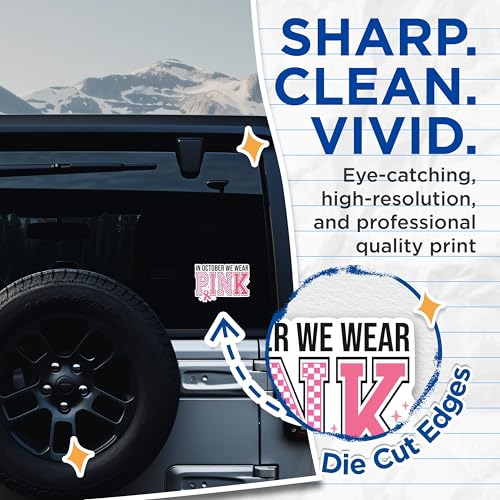 (2 Packs) in October We Wear Pink Stickers - Pink Ribbon Breast Cancer Awareness Decals - 5 Inches On Longest Side - Premium Vinyl Decal - Sticks to Any Smooth Flat Surface - Made in USA - BMCS2449