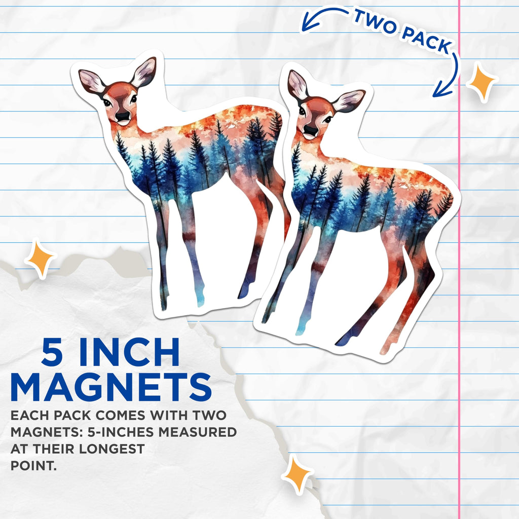 (2 Pack) Deer Scene Magnets - Forest Landscape - Watercolor Animal Art - 5" On Longest Side - Premium Magnet - for Cars, Refrigerators, Toolboxes, Lockers - Made in USA - MAG15092