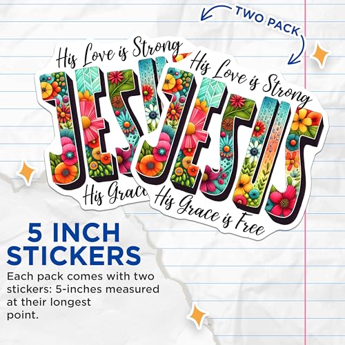 (2 Pack) Jesus Floral Art Stickers - Religious Inspirational Stickers - Faith and Love Stickers - 5" On Longest Side - Sticks to Any Smooth Flat Surface - Made in USA - BMCS3122