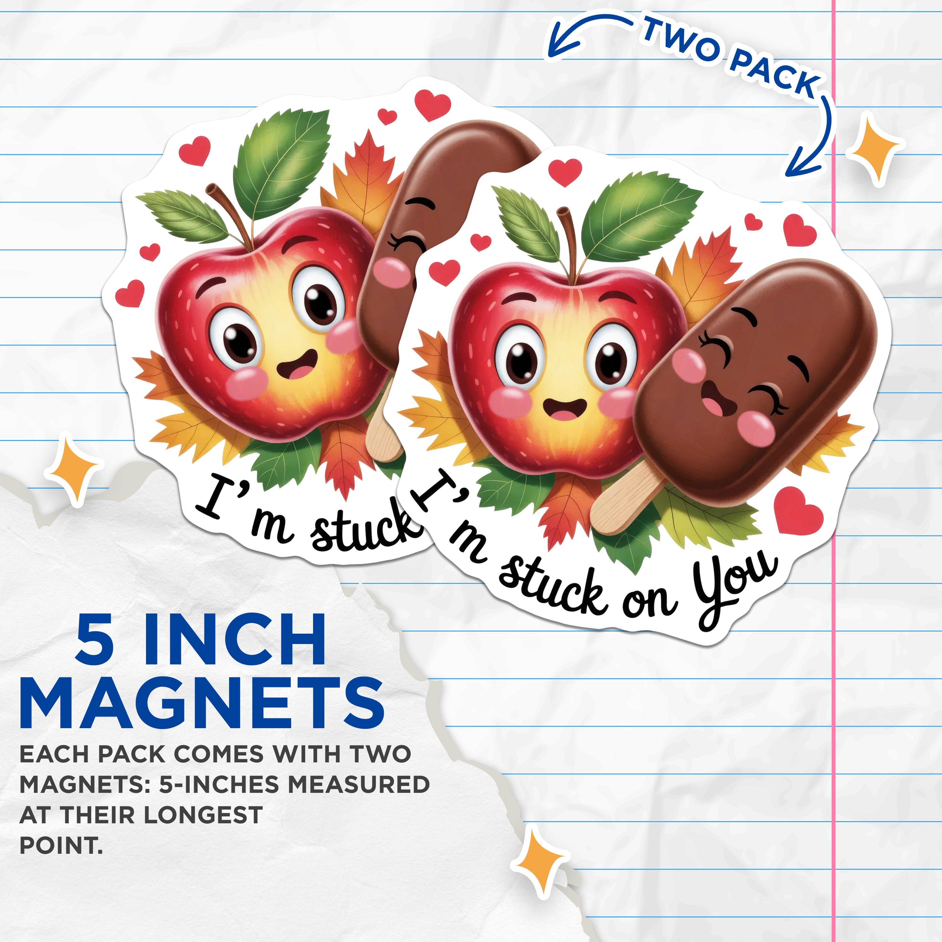 (2 Pack) Cute Apple Popsicle Magnets - Im Stuck On You - Funny Sweetheart Couple Love Decor - 5 Inches On Longest Side - Thick Durable Magnet - Made in USA - MAG38267