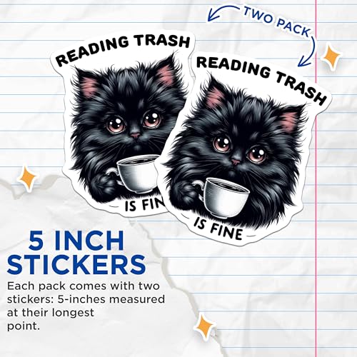 (2 Pack) Reading Trash is Fine Stickers - Funny Cat Coffee Lover Stickers - Cute Cat Sticker for Notebook - 5" On Longest Side - Sticks to Smooth Flat Surfaces - Made in USA - BMCS4596