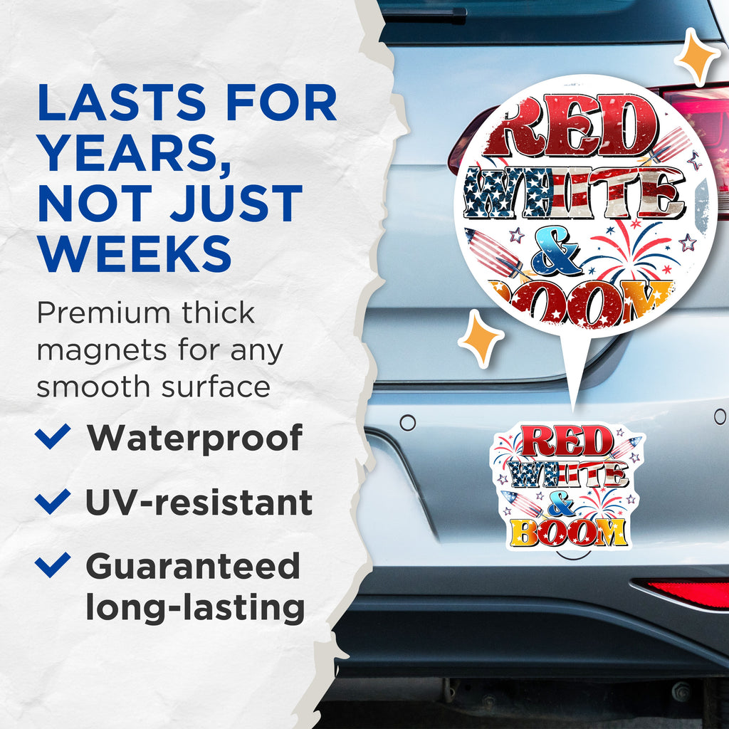 (2 Pack) Red White Boom Magnets - Patriotic Decor - Fourth of July Celebration - Americana USA Pride - 5 Inches On Longest Side - Thick Durable Magnet - Made in USA - MAG39998