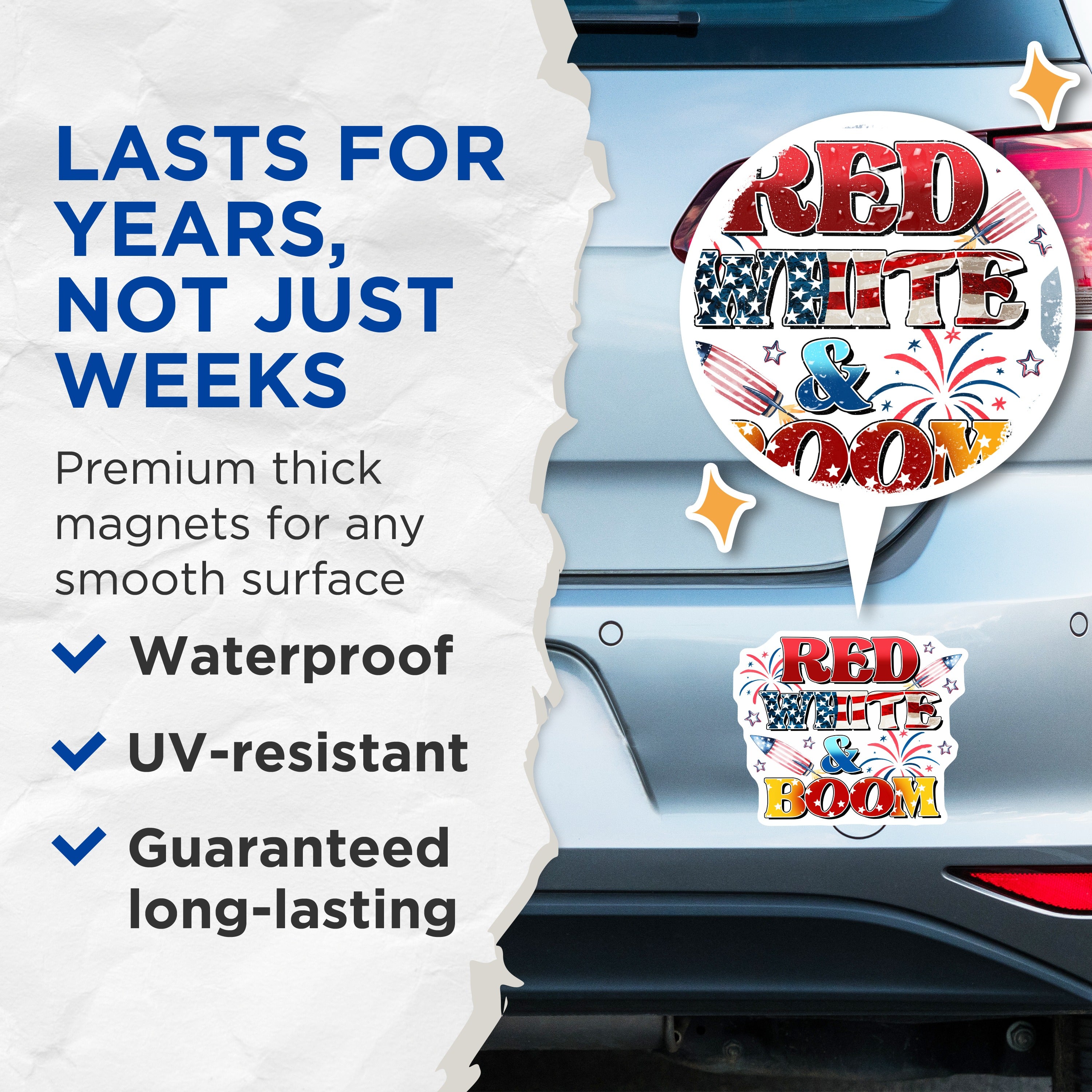 (2 Pack) Red White Boom Magnets - Patriotic Decor - Fourth of July Celebration - Americana USA Pride - 5 Inches On Longest Side - Thick Durable Magnet - Made in USA - MAG39998