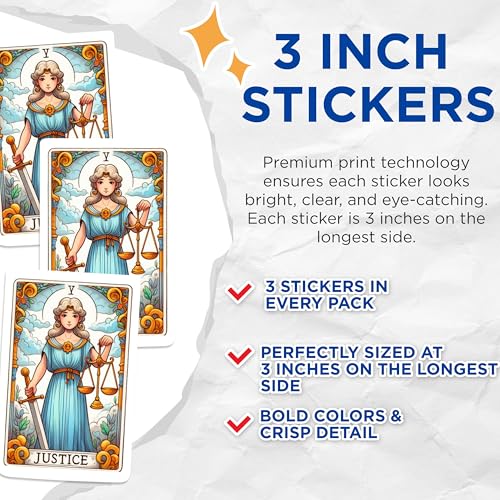 (3 Pack) Justice Tarot Card Decals - Major Arcana Sticker - Laptop Decal - 3 Inches On Longest Side - Easy Peel & Apply - Made in USA - 3MCS1135