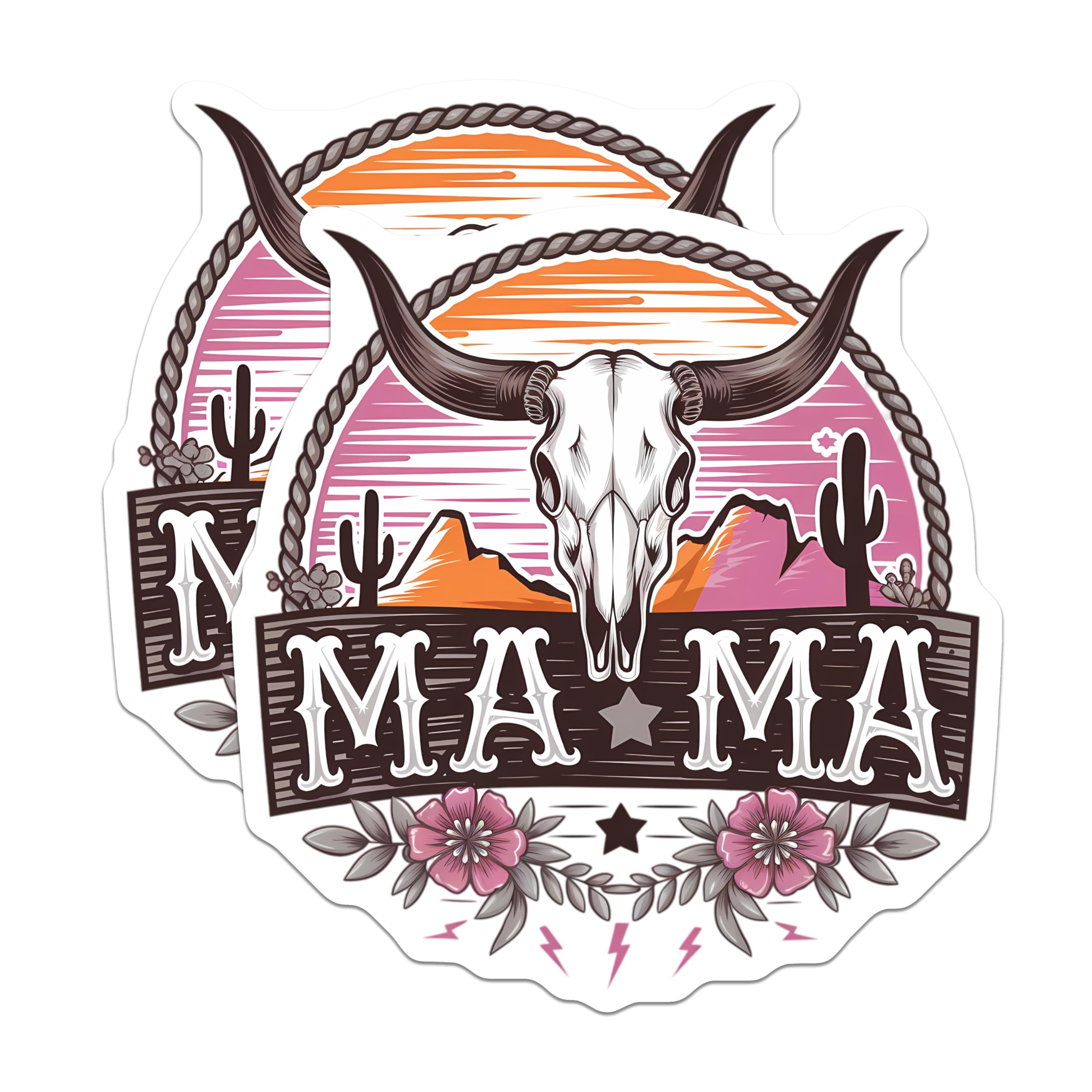 (2 Pack) Mama Skull Stickers - Western Cowgirl Decals - Desert Landscape Art - 5" On Longest Side - Sticks to Smooth Flat Surfaces - Made in USA - BMCS20177
