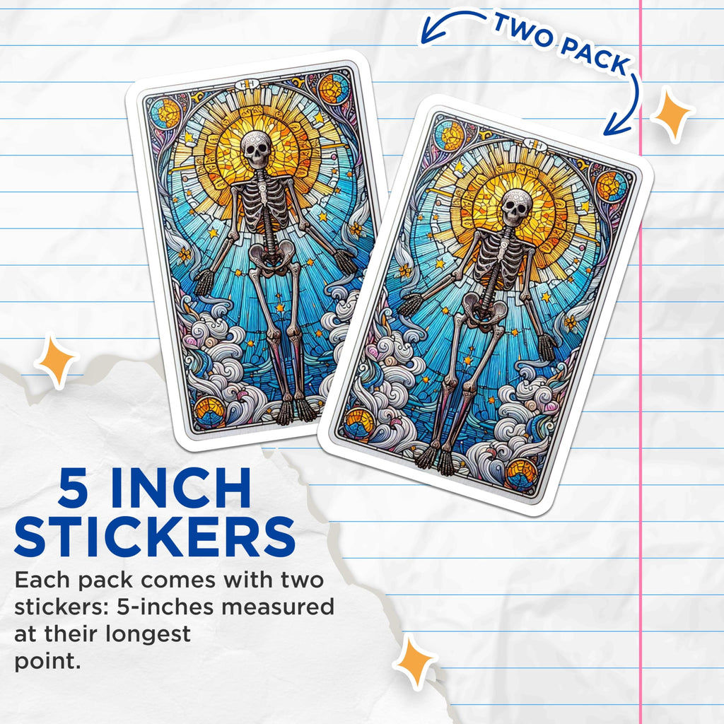 (2 Pack) Stained Glass Skeleton Stickers - Radiant Sun Tarot Art - Celestial Mystic Gothic Decal - 5" On Longest Side - Sticks to Smooth Flat Surfaces - Made in USA - BMCS21751