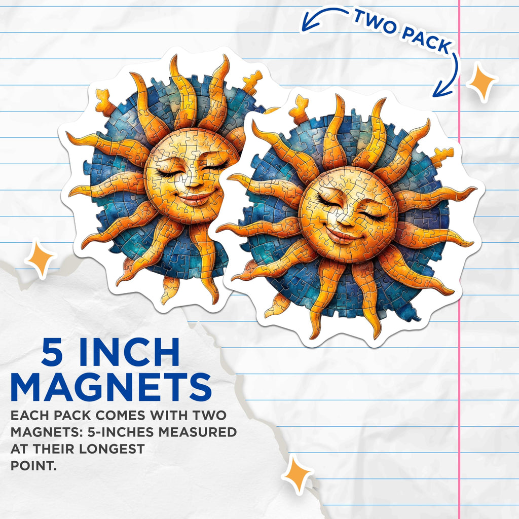 (2 Pack) Smiling Sun Puzzle Magnets - Boho Celestial Design - Refrigerator Locker Decor - 5 Inches On Longest Side - Thick Durable Magnet - Made in USA - MAG27551