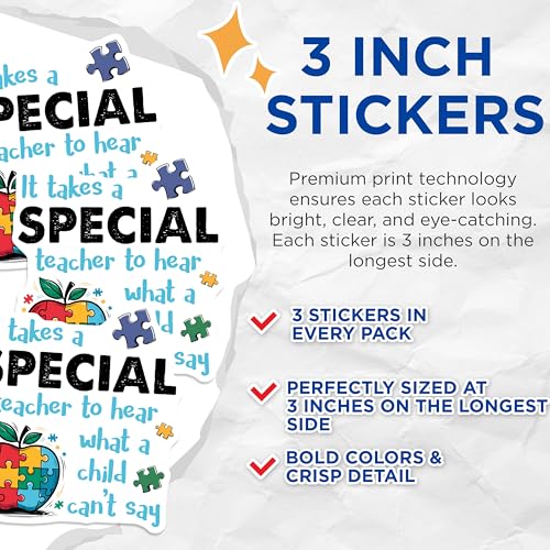 (3 Pack) Autism Teacher Decals - Special Education Stickers - Autism Awareness Support - 3 Inches On Longest Side - Easy Peel & Apply - Made in USA - 3MCS7187