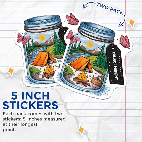(2 Pack) Collect Moments Stickers - Camping Scene Stickers - Nature Adventure Stickers - 5" On Longest Side - Sticks to Smooth Flat Surfaces - Made in USA - BMCS4056