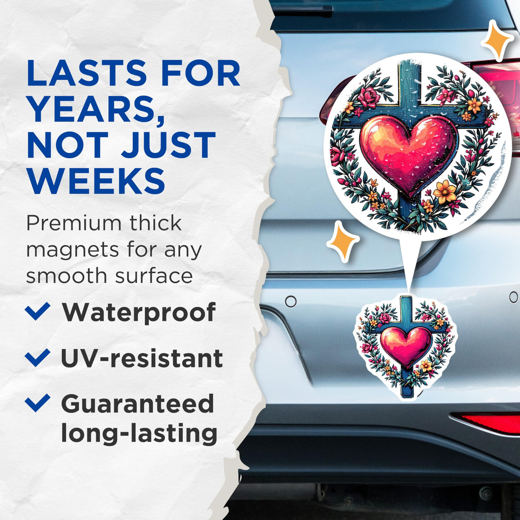 (2 Pack) Christian Cross Magnets - Sacred Heart Floral Design - Faith Inspired Spiritual Decor - 5 Inches On Longest Side - Thick Durable Magnet - Made in USA - MAG22661