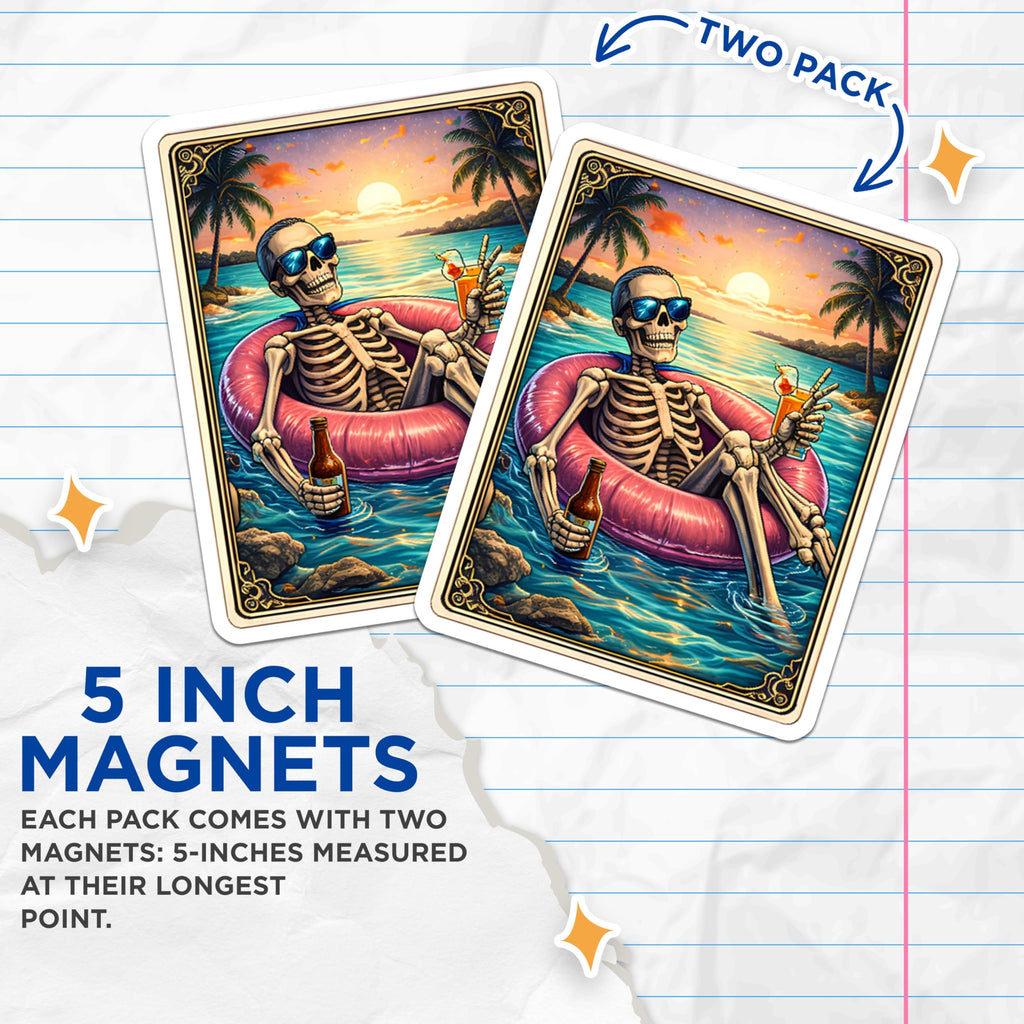(2 Pack) Skeleton Summer Magnets - Beach Vibe Fridge Decor - Chill Skeleton Novelty Magnets - 5" On Longest Side - Premium Magnet - for Cars, Refrigerators, Toolboxes, Lockers - Made in USA - MAG14045