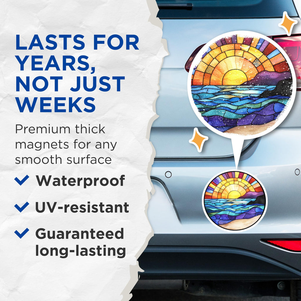 (2 Pack) Stained Glass Sunset Magnets - Ocean Waves Decor - Coastal Beach Art - 5 Inches On Longest Side - Thick Durable Magnet - Made in USA - MAG26058