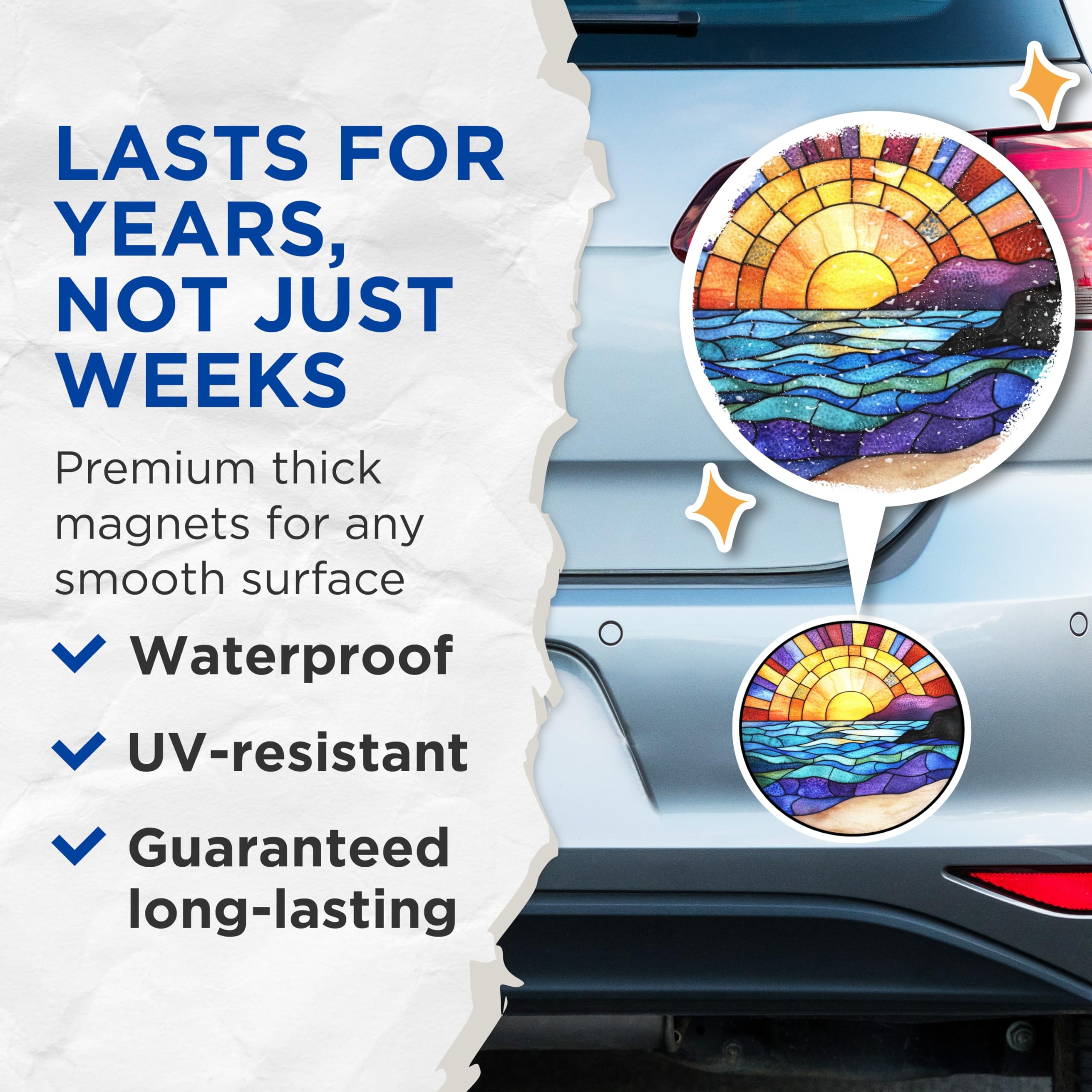 (2 Pack) Stained Glass Sunset Magnets - Ocean Waves Decor - Coastal Beach Art - 5 Inches On Longest Side - Thick Durable Magnet - Made in USA - MAG26058