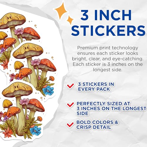 (3 Pack) Mushroom Decals - Floral Fungi Art - Cute Laptop Decals - 3 Inches On Longest Side - Easy Peel & Apply - Made in USA - 3MCS2311
