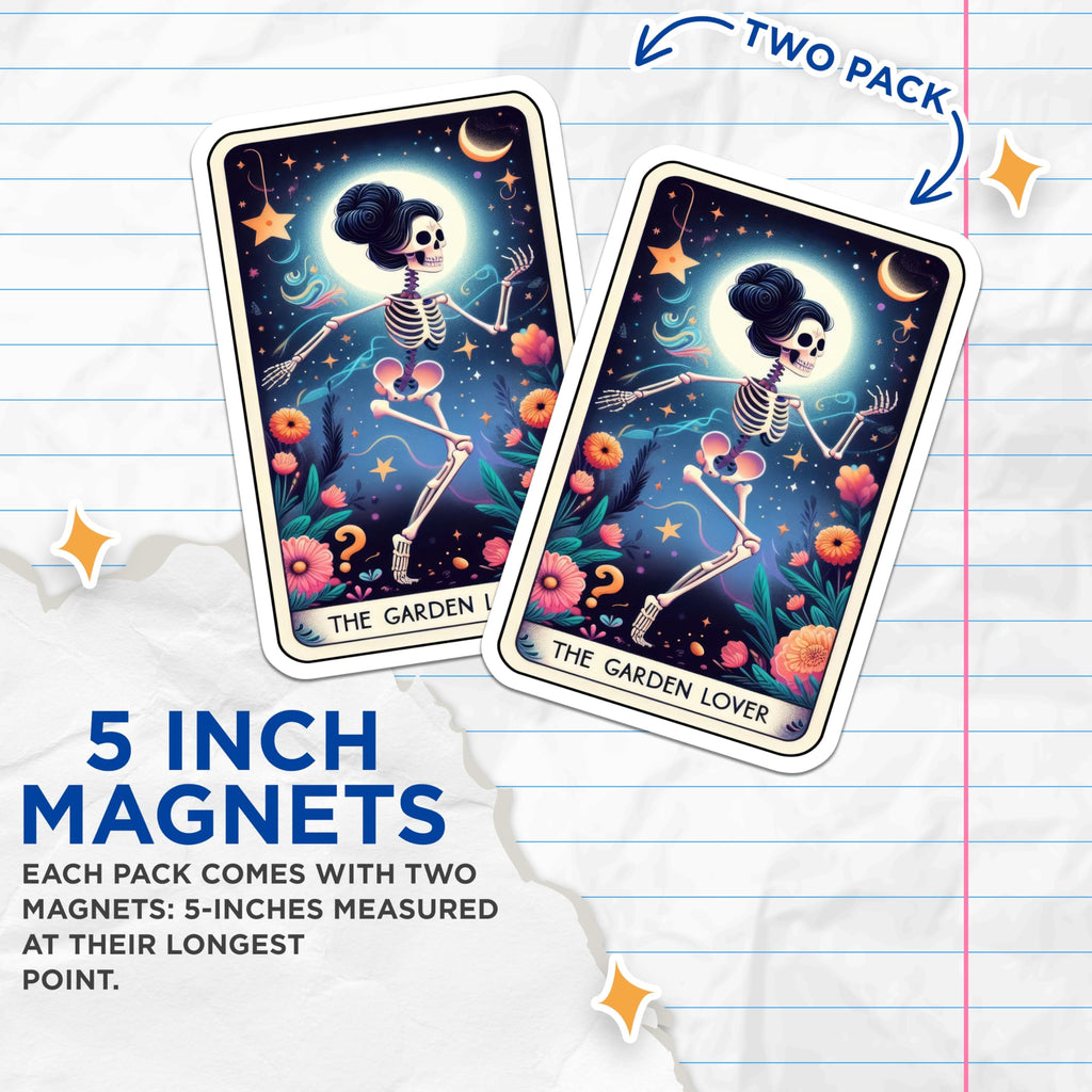 (2 Pack) Garden Lover Skeleton Magnets - Mystical Tarot Art - Celestial Goth Decor - 5 Inches On Longest Side - Thick Durable Magnet - Made in USA - MAG22530