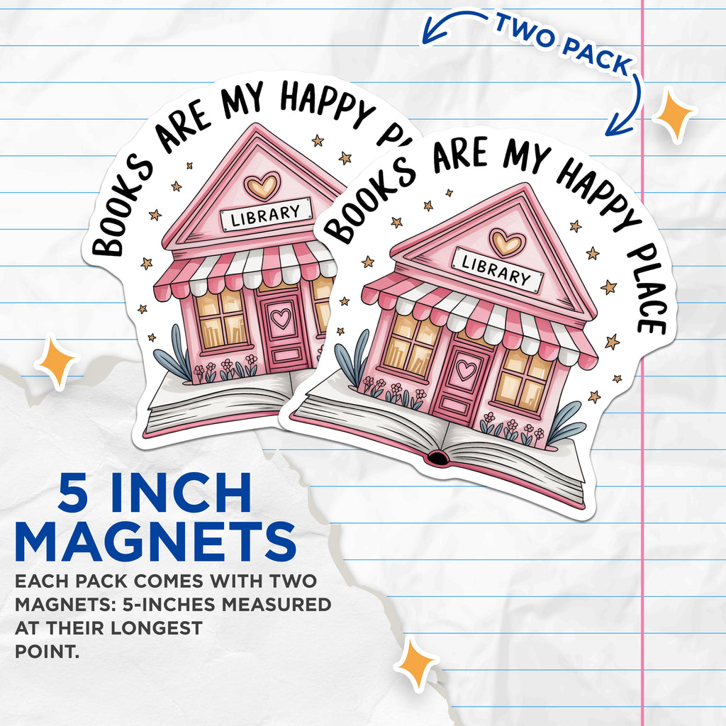 (2 Pack) Books are My Happy Place Magnets - Cozy Library Reader Decor - Bookworm Literary Aesthetic - 5 Inches On Longest Side - Thick Durable Magnet - Made in USA - MAG36863