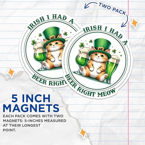 (2 Pack) Irish Cat Magnets - St Patrick's Day Decor - Cat Lover Gift - 5" On Longest Side - for Cars, Fridges, Toolboxes - Made in USA - MAG8112