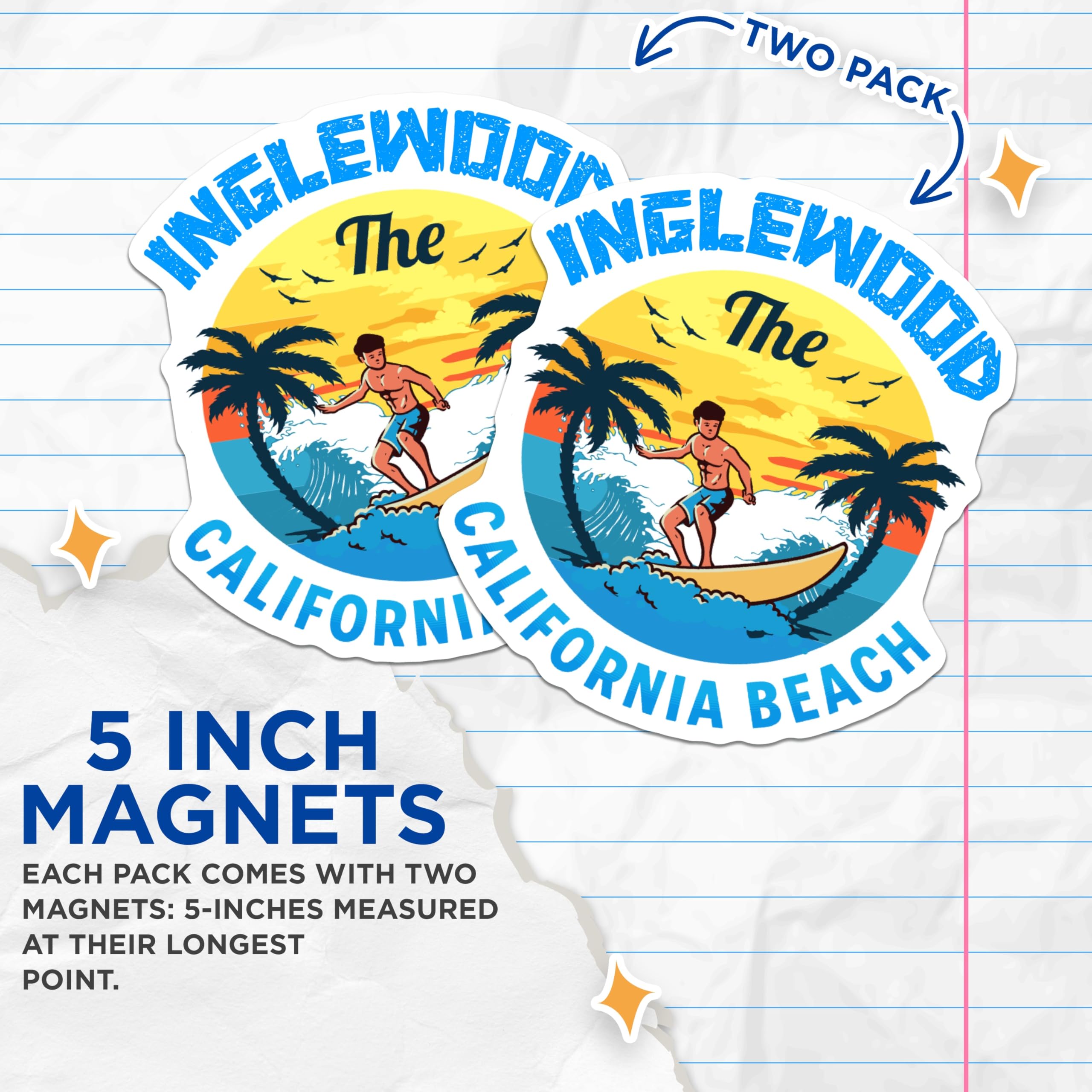 (2 Pack) Inglewood California Surfer Magnets - Beach Life Ocean Wave Art - Palm Tree Sunset Retro Vibe Decor - 5 Inches On Longest Side - Thick Durable Magnet - Made in USA - MAG19197