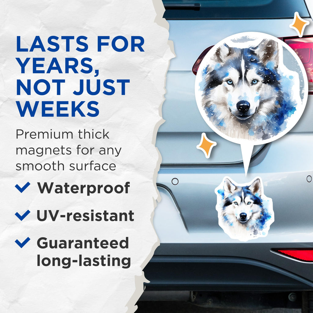 (2 Pack) Watercolor Husky Magnets - Siberian Husky Dog Art - Animal Lover Fridge Decor - 5 Inches On Longest Side - Thick Durable Magnet - Made in USA - MAG28610