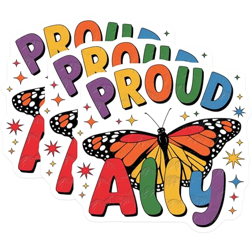 (3 Pack) Proud Ally Decals - Butterfly Pride - Rainbow Star Decals - 3 Inches On Longest Side - Easy Peel & Apply - Made in USA - 3MCS7922