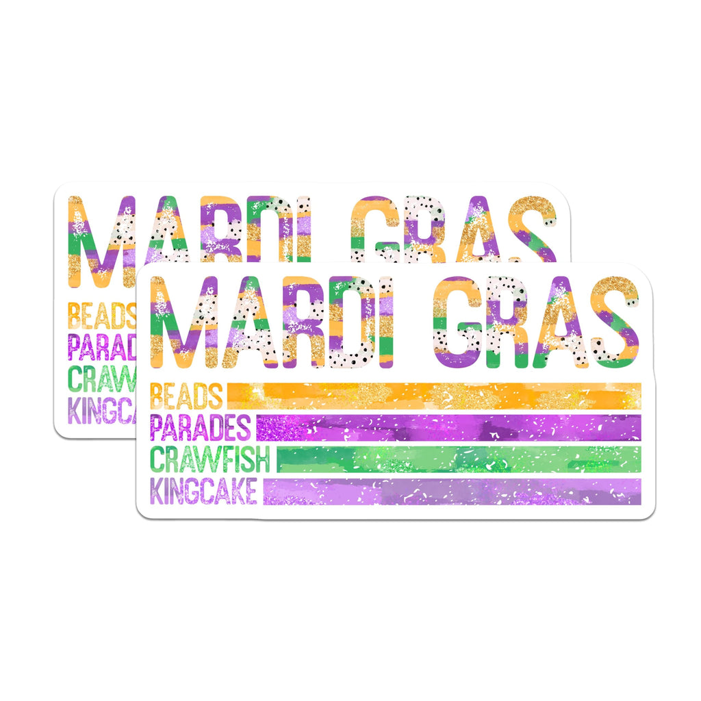 (2 Pack) Mardi Gras Stickers - Beads Parades Crawfish Kingcake - Festive New Orleans Decor - 5" On Longest Side - Sticks to Smooth Flat Surfaces - Made in USA - BMCS6386