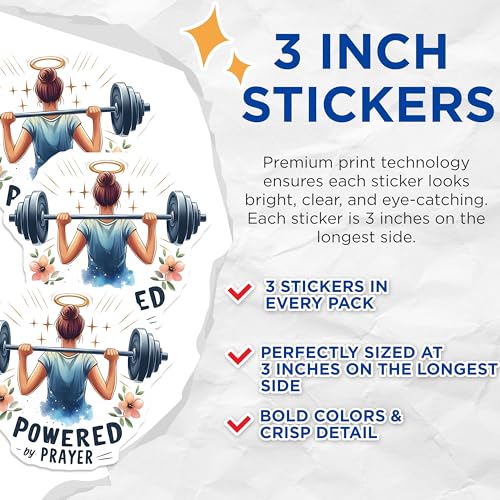 (3 Pack) Powered by Prayer Decals - Fitness Motivation - Gym Decals - 3 Inches On Longest Side - Easy Peel & Apply - Made in USA - 3MCS8407