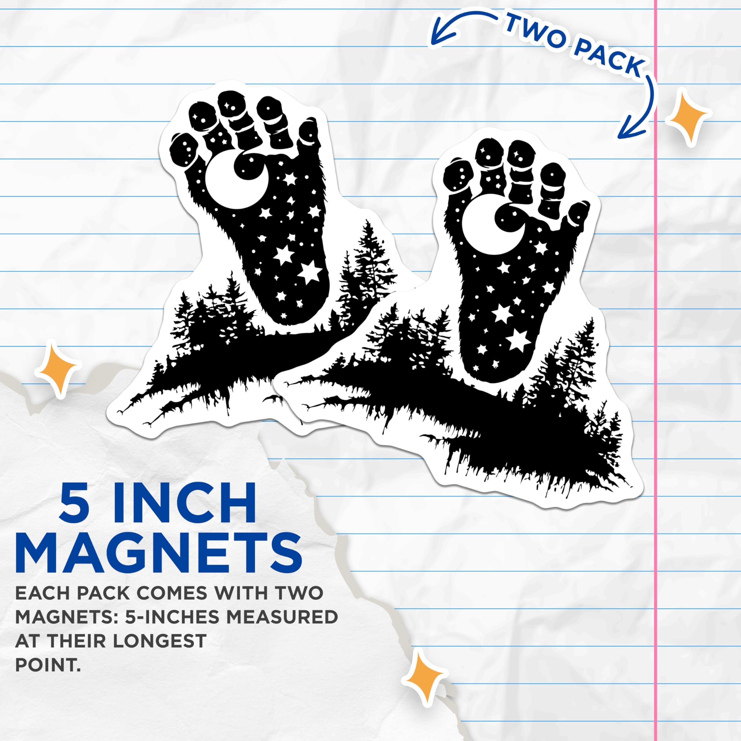 (2 Pack) Bigfoot Magnets - Sasquatch Cryptid Footprint - Celestial Forest Night Sky Decor - Mythical Creature Lore - 5 Inches On Longest Side - Thick Durable Magnet - Made in USA - MAG22227