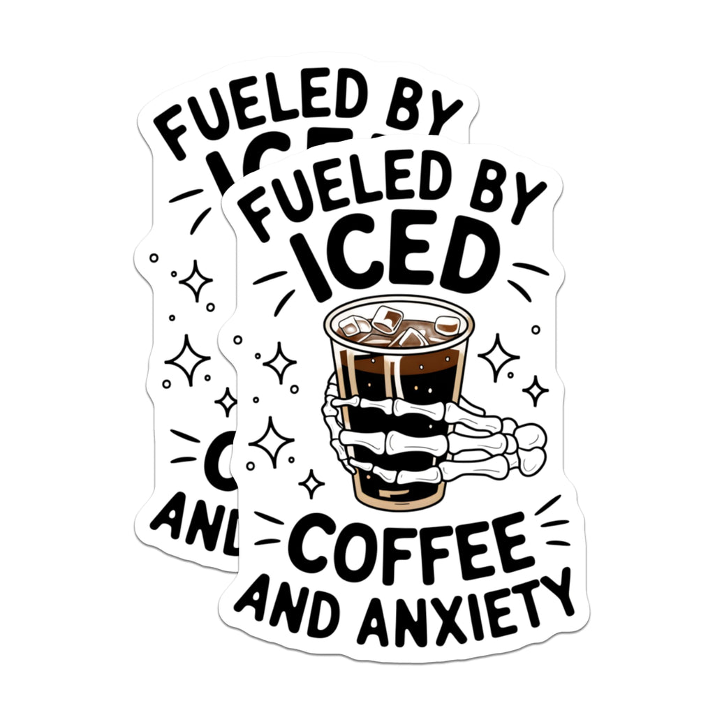 (2 Pack) Fueled by Iced Coffee Stickers - Funny Skeleton Stickers - Anxiety Relief Sticker Pack - 5" On Longest Side - Sticks to Smooth Flat Surfaces - Made in USA - BMCS3629