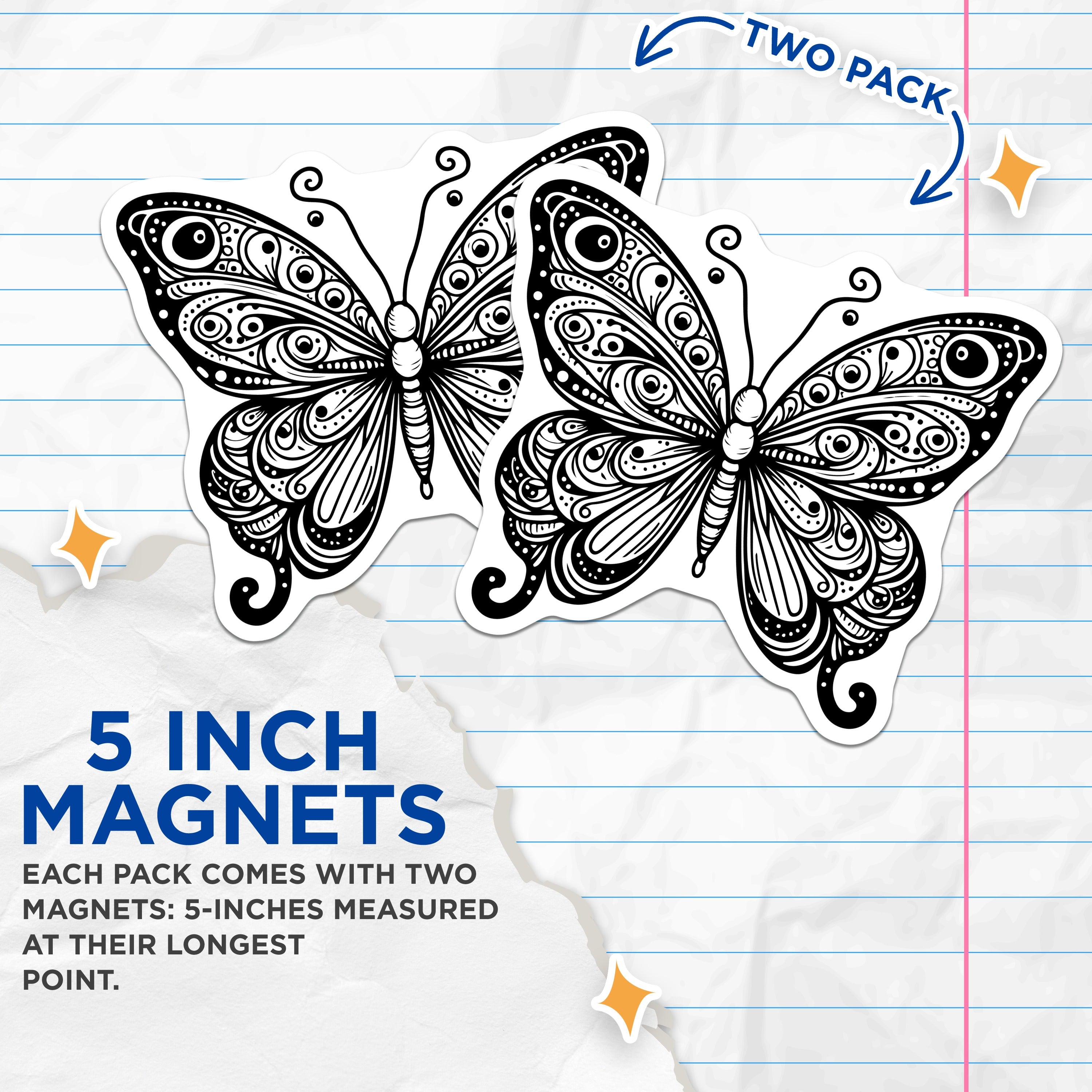 (2 Pack) Butterfly Mandala Magnets - Boho Fridge Decor - Elegant Nature Art - Black White Decorative Magnets - 5 Inches On Longest Side - Thick Durable Magnet - Made in USA - MAG36834