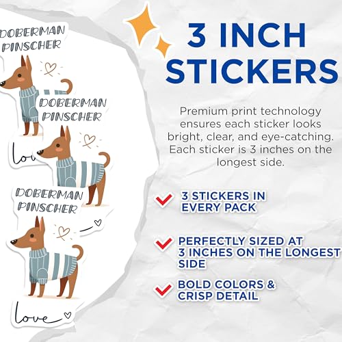 (3 Pack) Doberman Pinscher Decals - Cute Dog Breed - Love Heart Laptop Decal - 3 Inches On Longest Side - Easy Peel & Apply - Made in USA - 3MCS6062