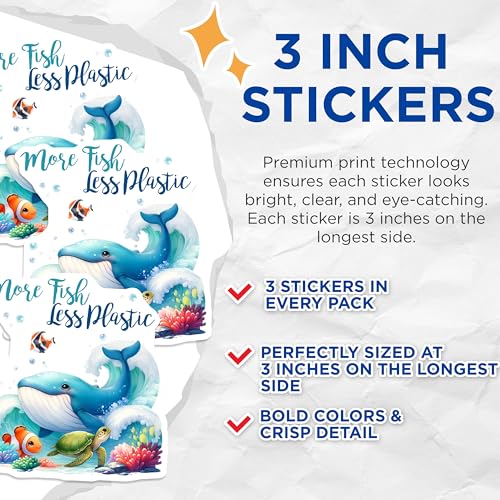 (3 Pack) Ocean Life Decals - Whale Decal - Clownfish - Turtle - Sea Decals - Marine Life - 3 Inches On Longest Side - Easy Peel & Apply - Made in USA - 3MCS6721