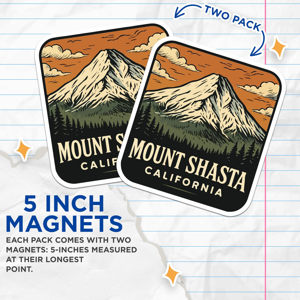 (2 Pack) Mount Shasta Magnets - California Souvenir Decor - Mountain Landscape Art - Scenic Travel Keepsake - 5 Inches On Longest Side - Thick Durable Magnet - Made in USA - MAG20077