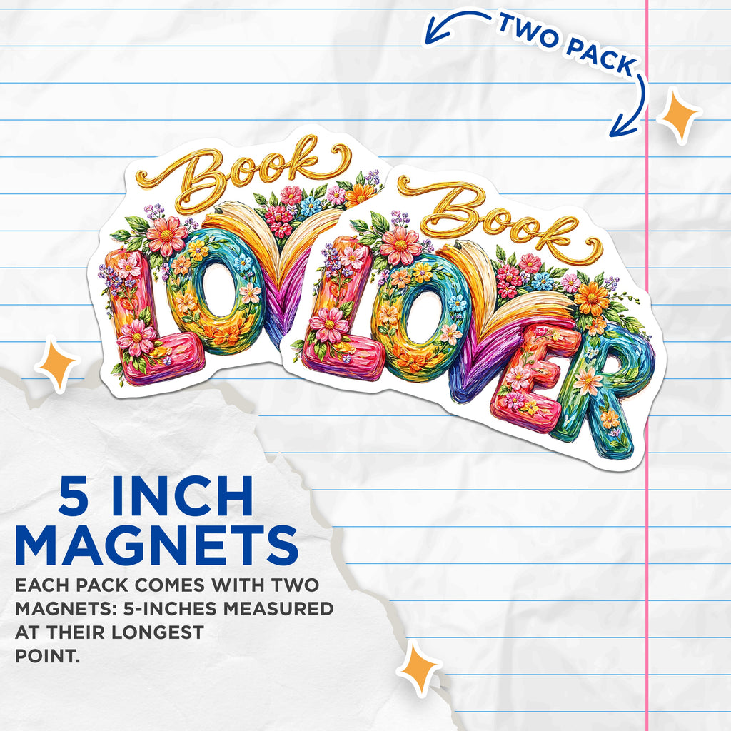 (2 Pack) Book Lover Floral Magnets - Reader Aesthetic Decor - Whimsical Bookworm Art - Literary Enthusiast Fridge Organizer - 5 Inches On Longest Side - Thick Durable Magnet - Made in USA - MAG37015