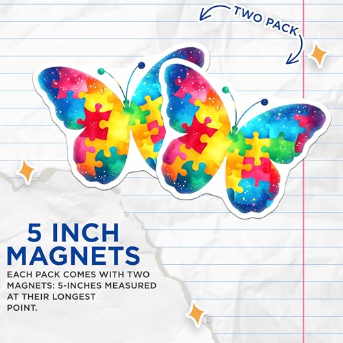 (2 Pack) Butterfly Puzzle Piece Magnets - Autism Awareness - 5" On Longest Side - for Cars, Fridges, Toolboxes - Made in USA - MAG7895