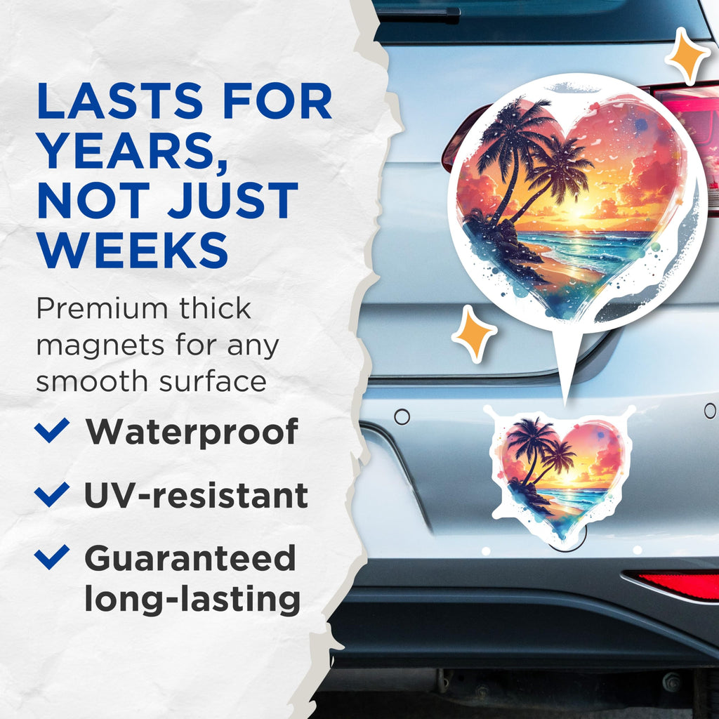 (2 Pack) Tropical Beach Sunset Heart Magnets - Coastal Ocean Vibe Decor - Romantic Vacation Souvenir - 5 Inches On Longest Side - Thick Durable Magnet - Made in USA - MAG30949