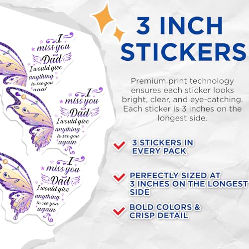 (3 Pack) Miss You Dad Decals - Butterfly Wing - Remembrance Decal - 3 Inches On Longest Side - Easy Peel & Apply - Made in USA - 3MCS4884