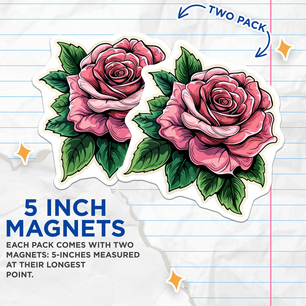 (2 Pack) Pink Rose Magnets - Floral Fridge Decor - Botanical Kitchen Art - 5 Inches On Longest Side - Thick Durable Magnet - Made in USA - MAG37844